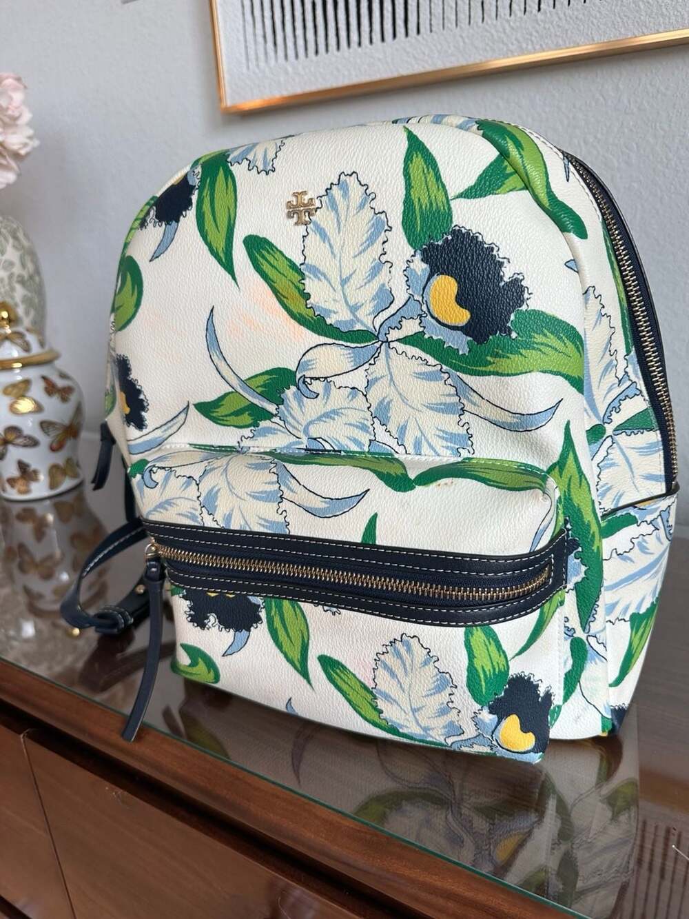 Tory Burch Perry Cattleya Orchid Floral Leather Backpack Navy Trim